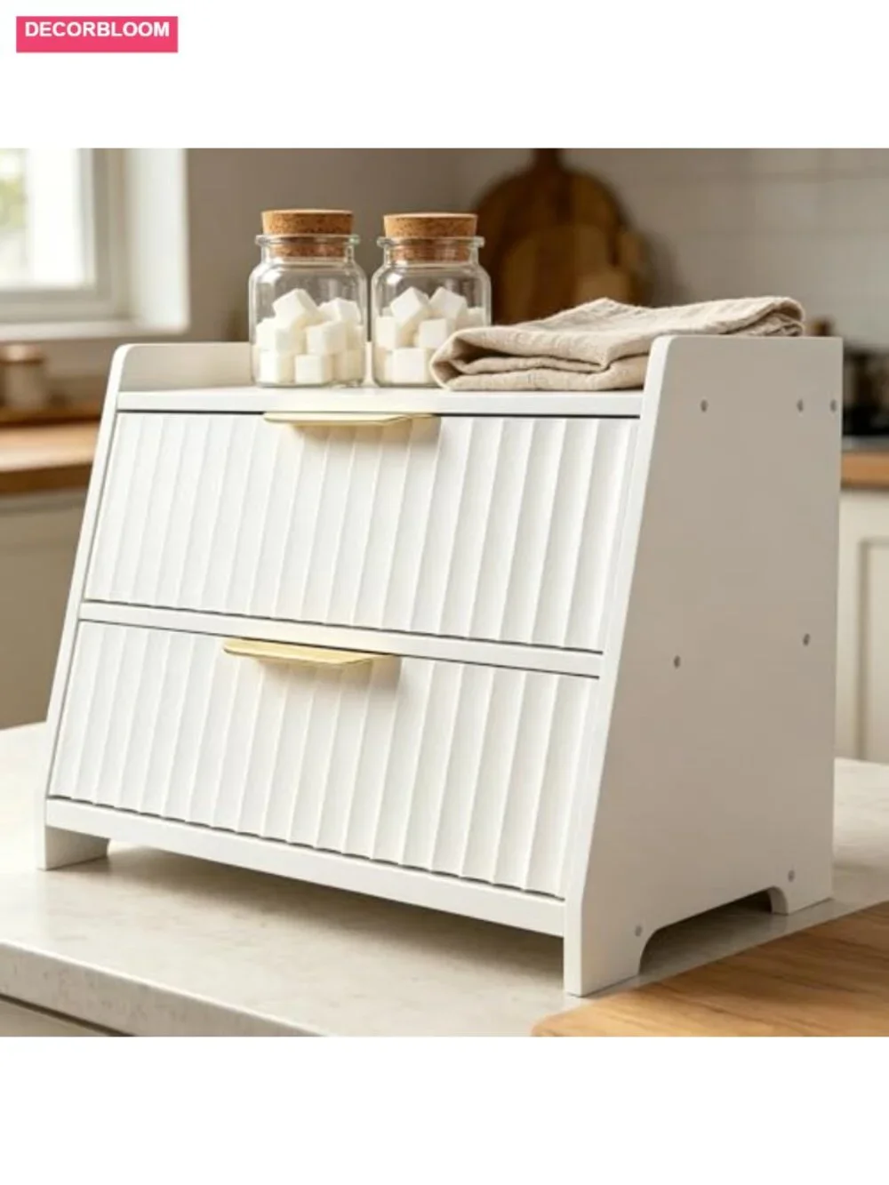 Large Double Layer Wooden Bread Box with Gold Handle, Farmhouse Kitchen